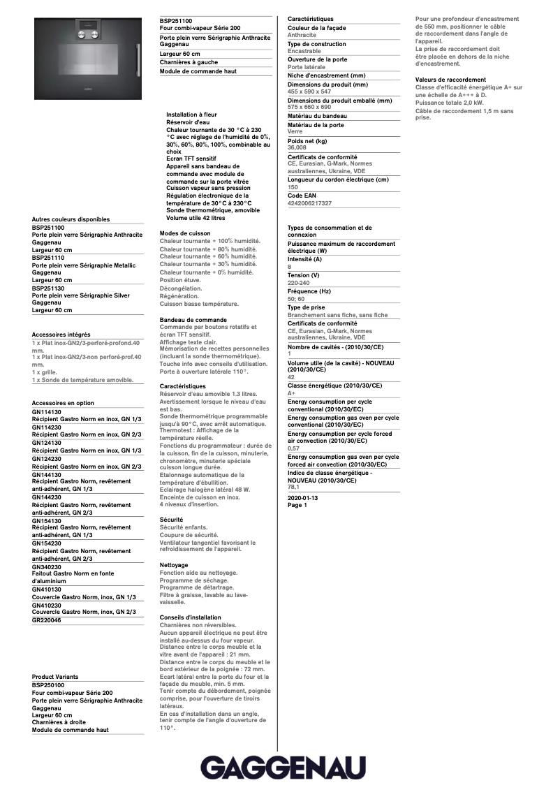 Página 1 del manual Ficha técnica Gaggenau BSP251100