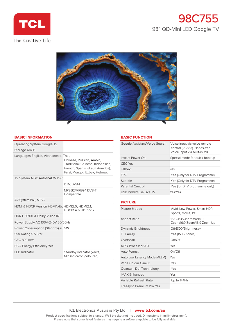 Página 1 del manual Ficha técnica TCL 98C755