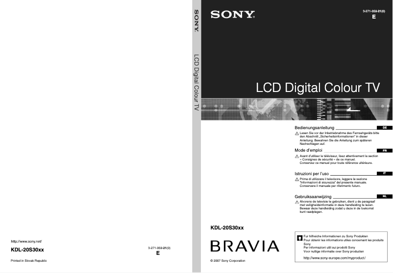 Imagen de la primera página del manual del dispositivo Bravia KDL-20S3000