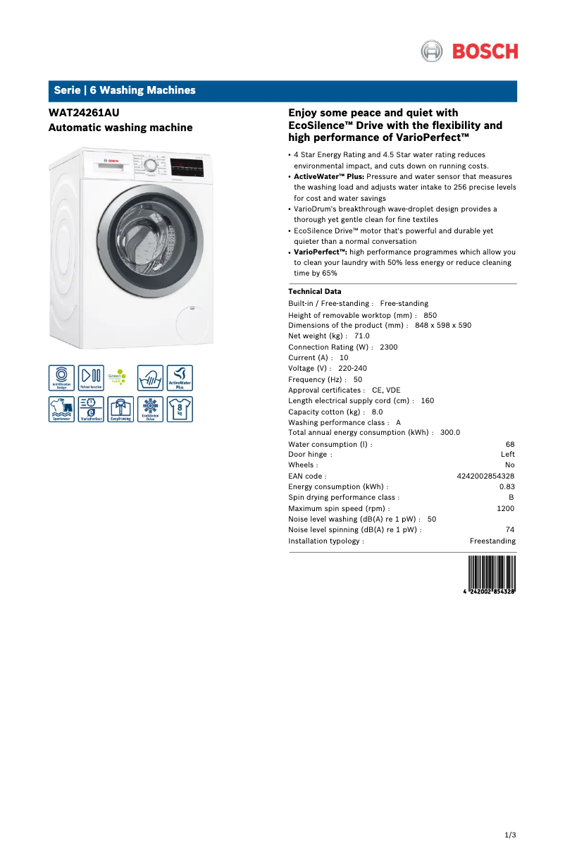 Página 1 del manual Ficha técnica Bosch WAT24261AU