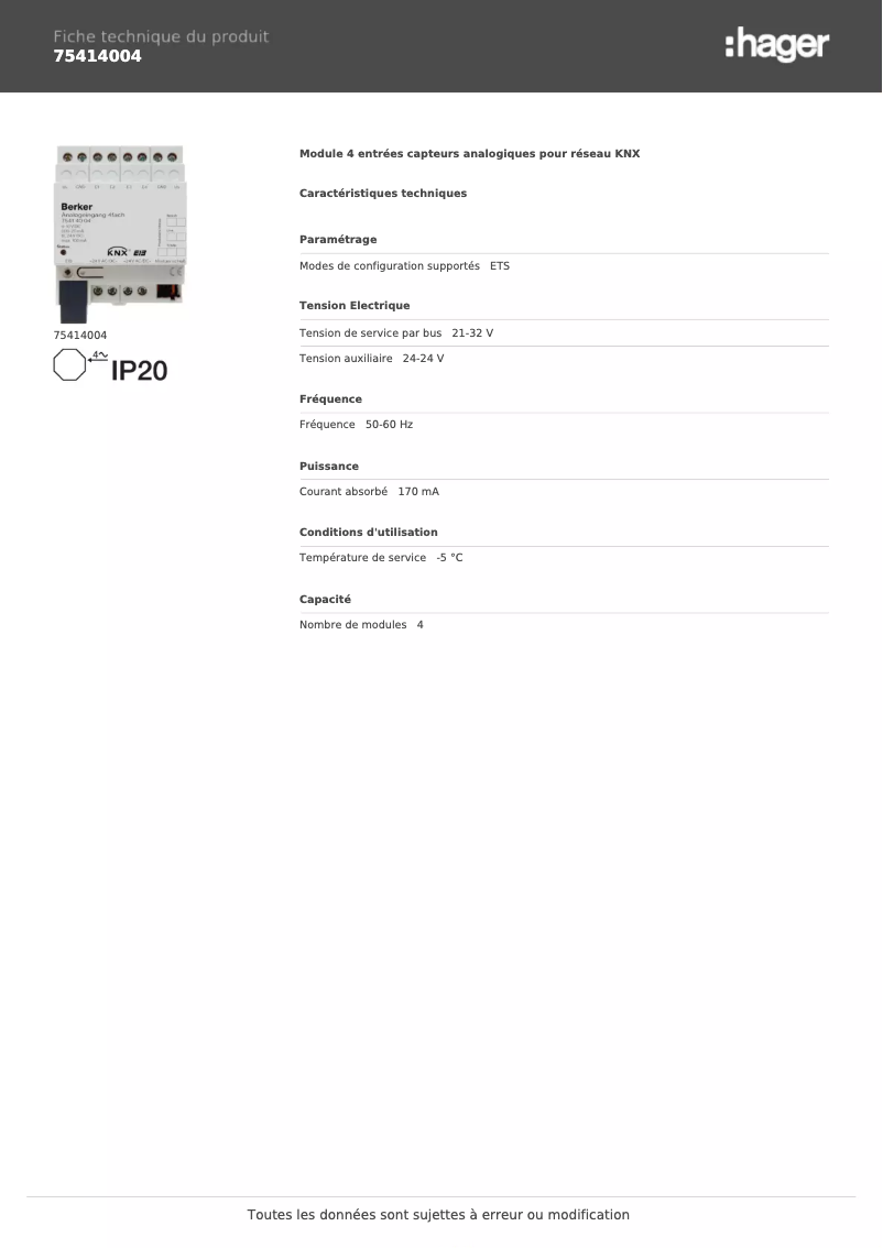 Página 1 del manual Ficha técnica Berker 75414004