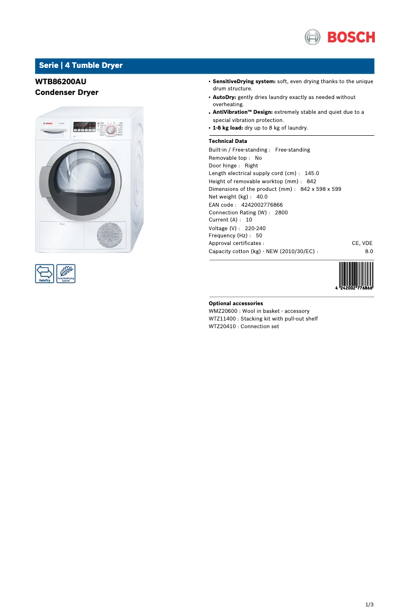 Página 1 del manual Ficha técnica Bosch WTB86200AU