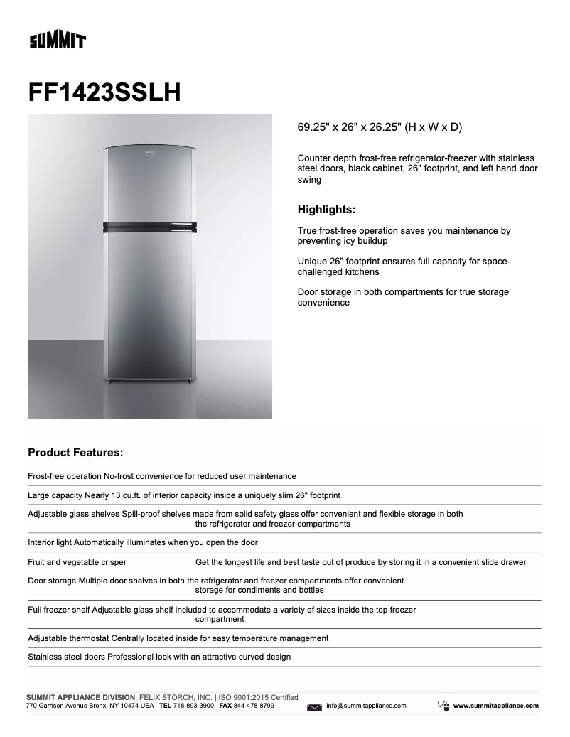 Página 1 del manual Ficha técnica Summit FF1423
