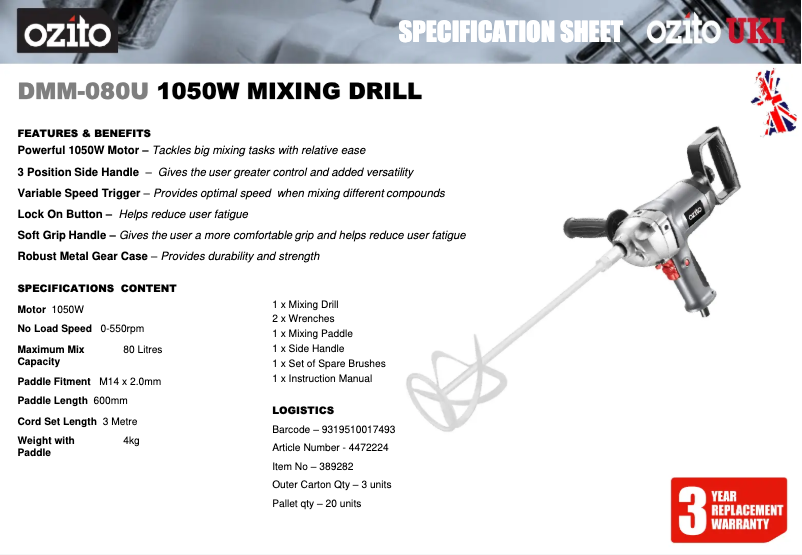 Página 1 del manual Ficha técnica Ozito DMM-080U