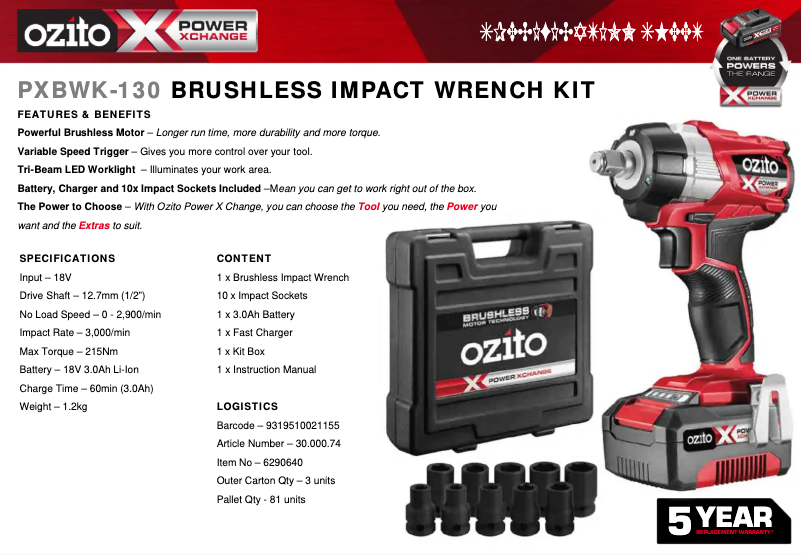 Página 1 del manual Ficha técnica Ozito PXBWK-130