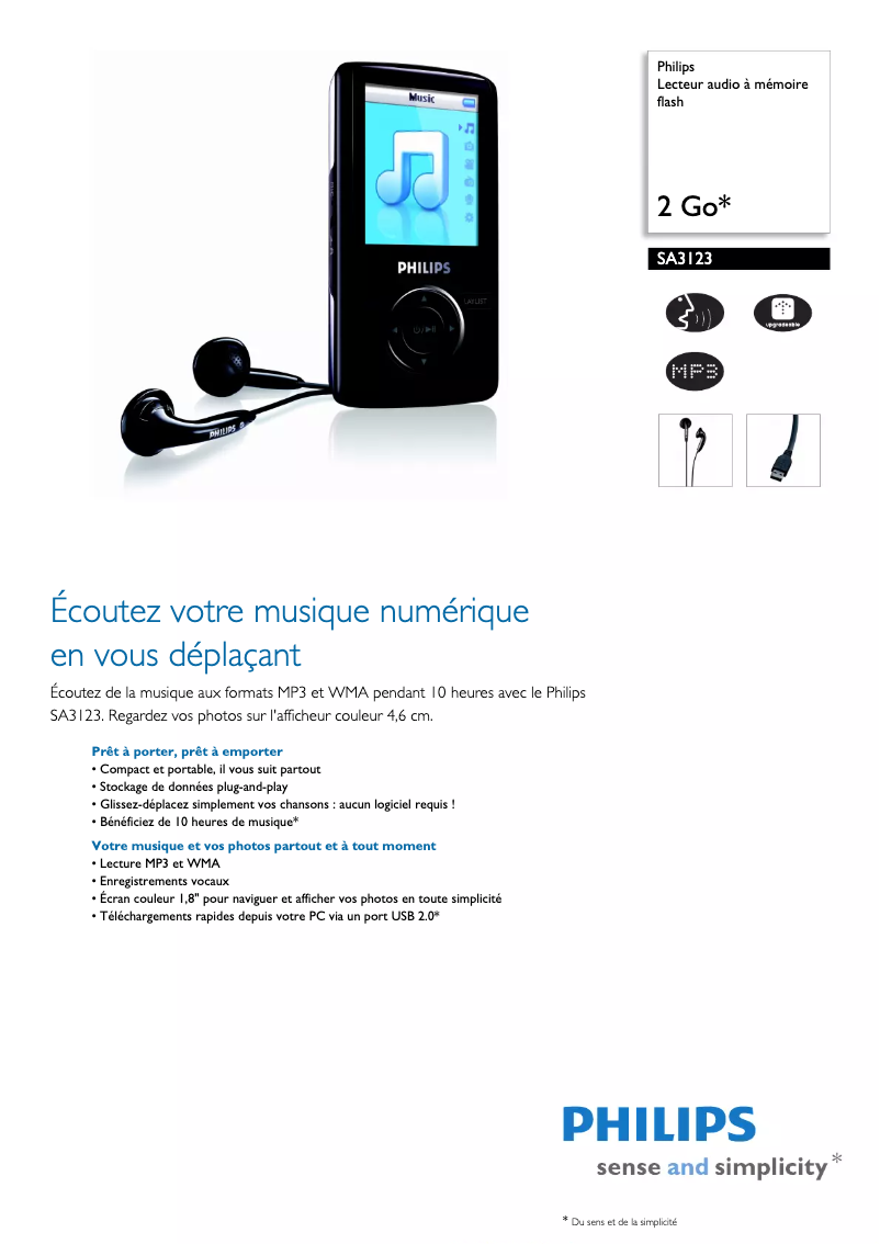 Página 1 del manual Ficha técnica Philips GoGear SA3123