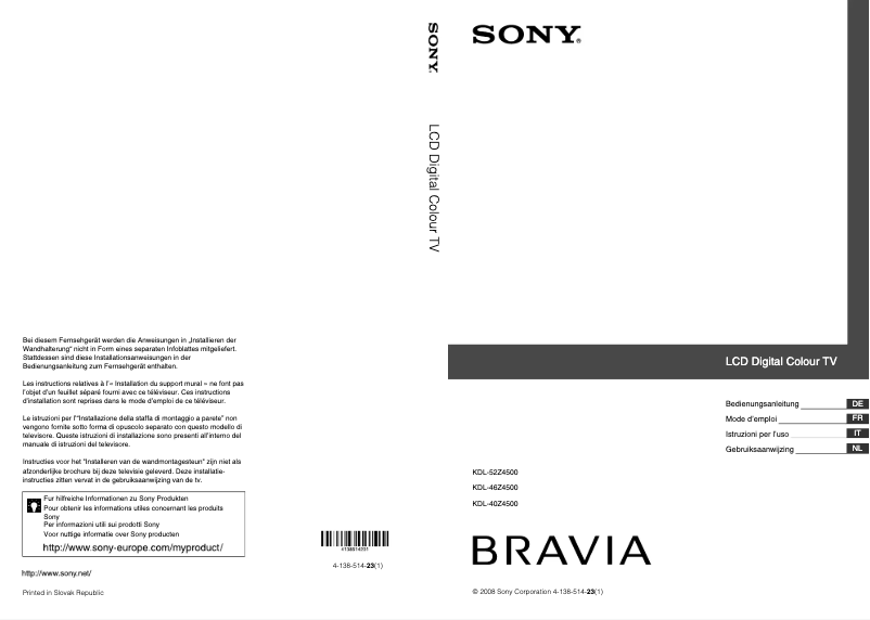 Imagen de la primera página del manual del dispositivo Bravia KDL-52Z4500E