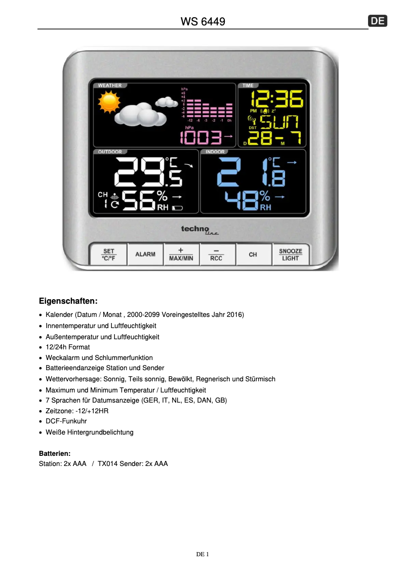 Página 1 del manual Manual de usuario Techno Line WS 6449