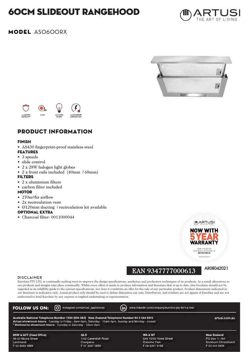 Página 1 del manual Ficha técnica Artusi ASO600RX