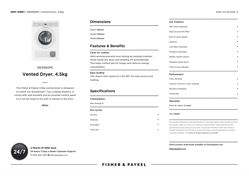 Página 1 del manual Ficha técnica Fisher & Paykel DE4560M1