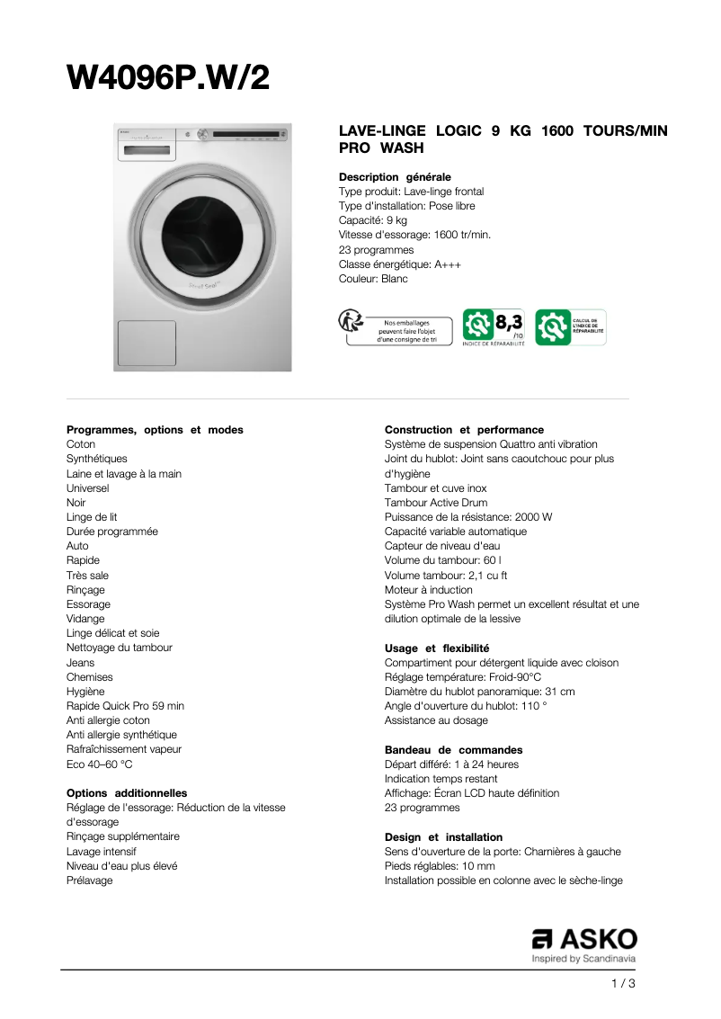 Página nº 1 - Ficha técnica Asko W4096P.W/2