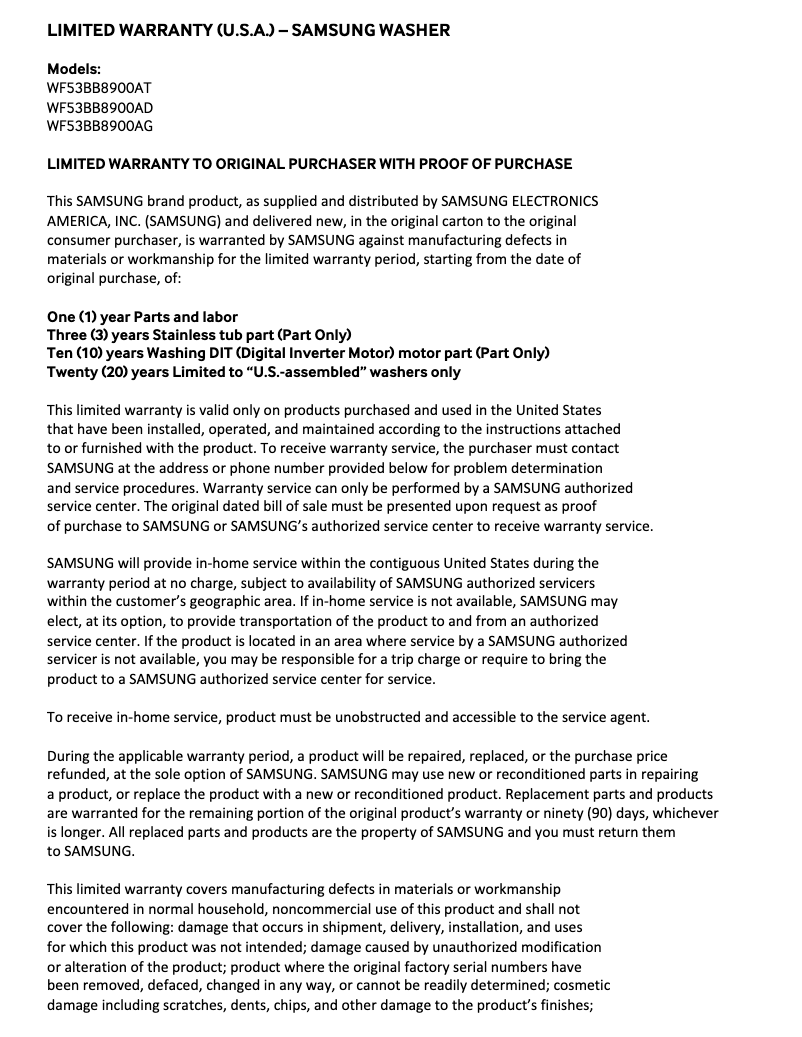 Página 1 del manual Información de garantía Samsung WF53BB8900AD
