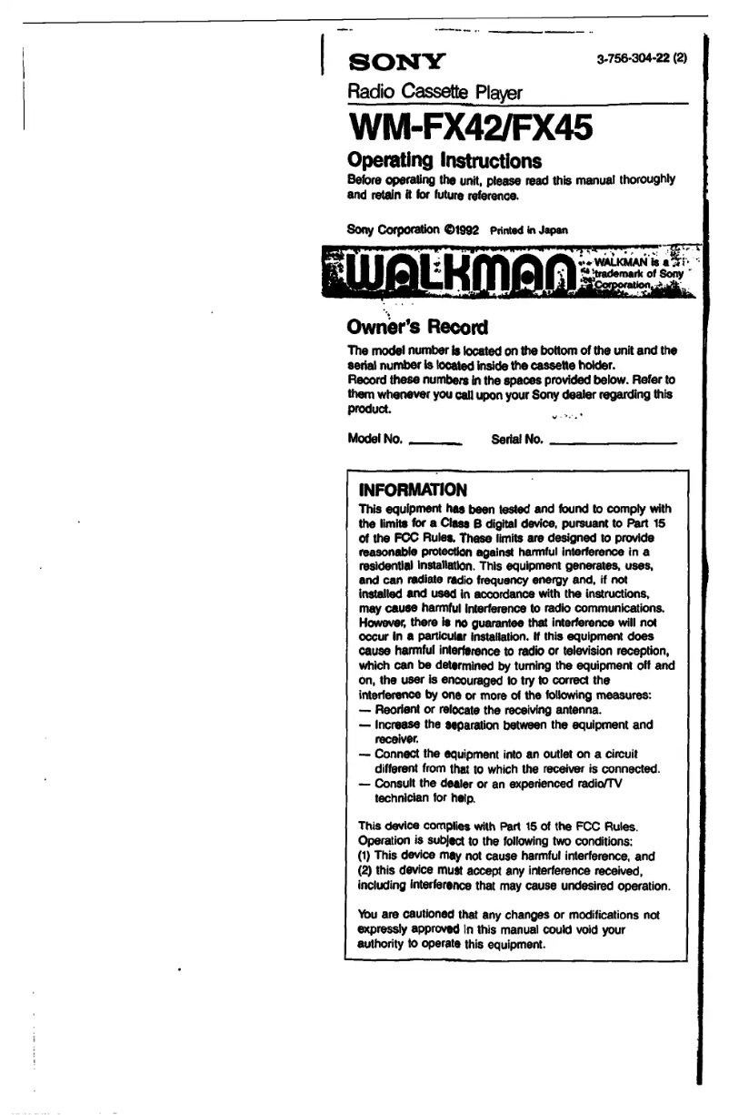 Imagen de la primera página del manual del dispositivo Walkman WM-FX45