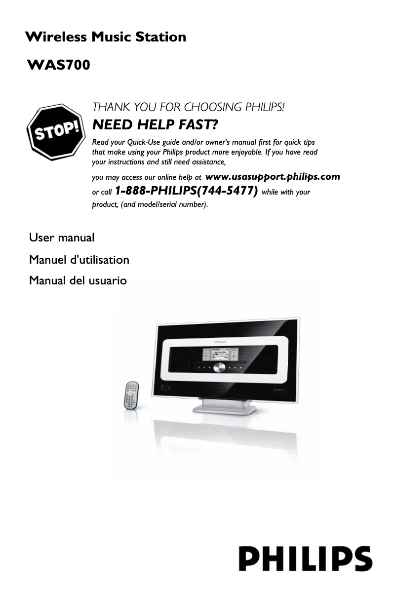 Imagen de la primera página del manual del dispositivo Streamium WAS700