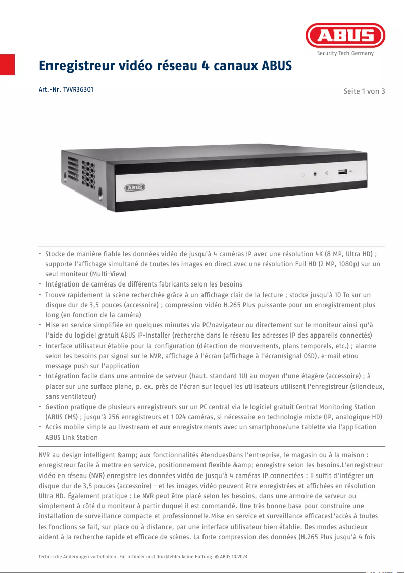 Página 1 del manual Ficha técnica Abus TVVR36301