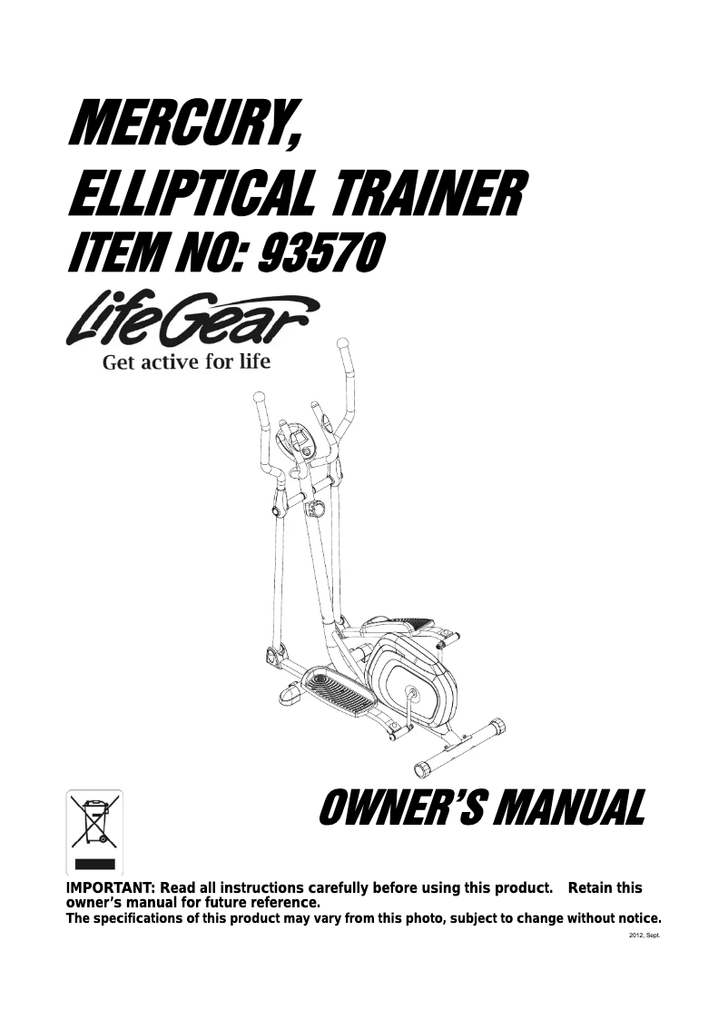 Página 1 del manual Manual de usuario Life Gear Mercury Elliptical Trainer 93570