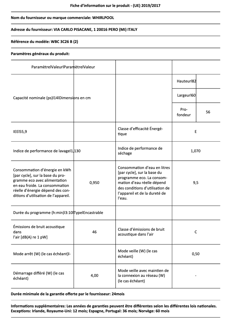 Página 1 del manual Ficha técnica Whirlpool WBC 3C26 B