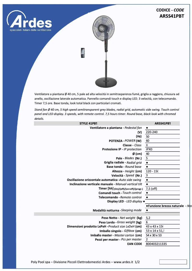 Página 1 del manual Ficha técnica Ardes AR5S41PBT