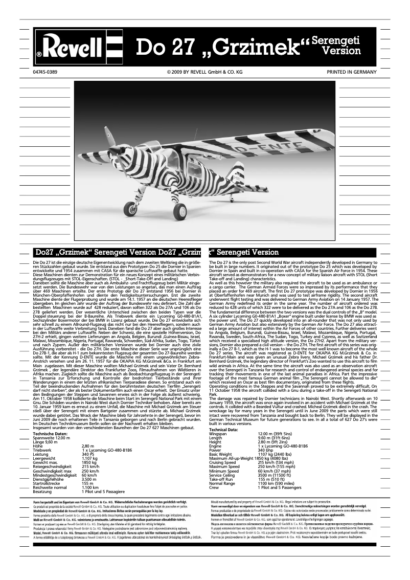 Imagen de la primera página del manual del dispositivo Do 27 "Grzimek" Serengeti Version