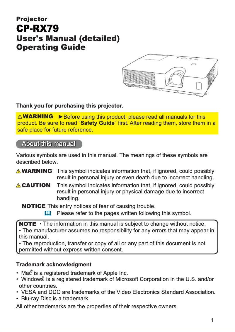 Imagen de la primera página del manual del dispositivo CP-RX79EP