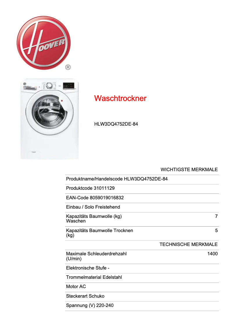 Página 1 del manual Ficha técnica Hoover H-WASH 300 LITE HLW3DQ4752DE-84