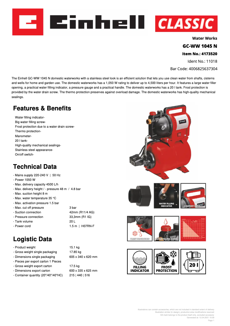 Página 1 del manual Ficha técnica Einhell GC-WW 1045 N