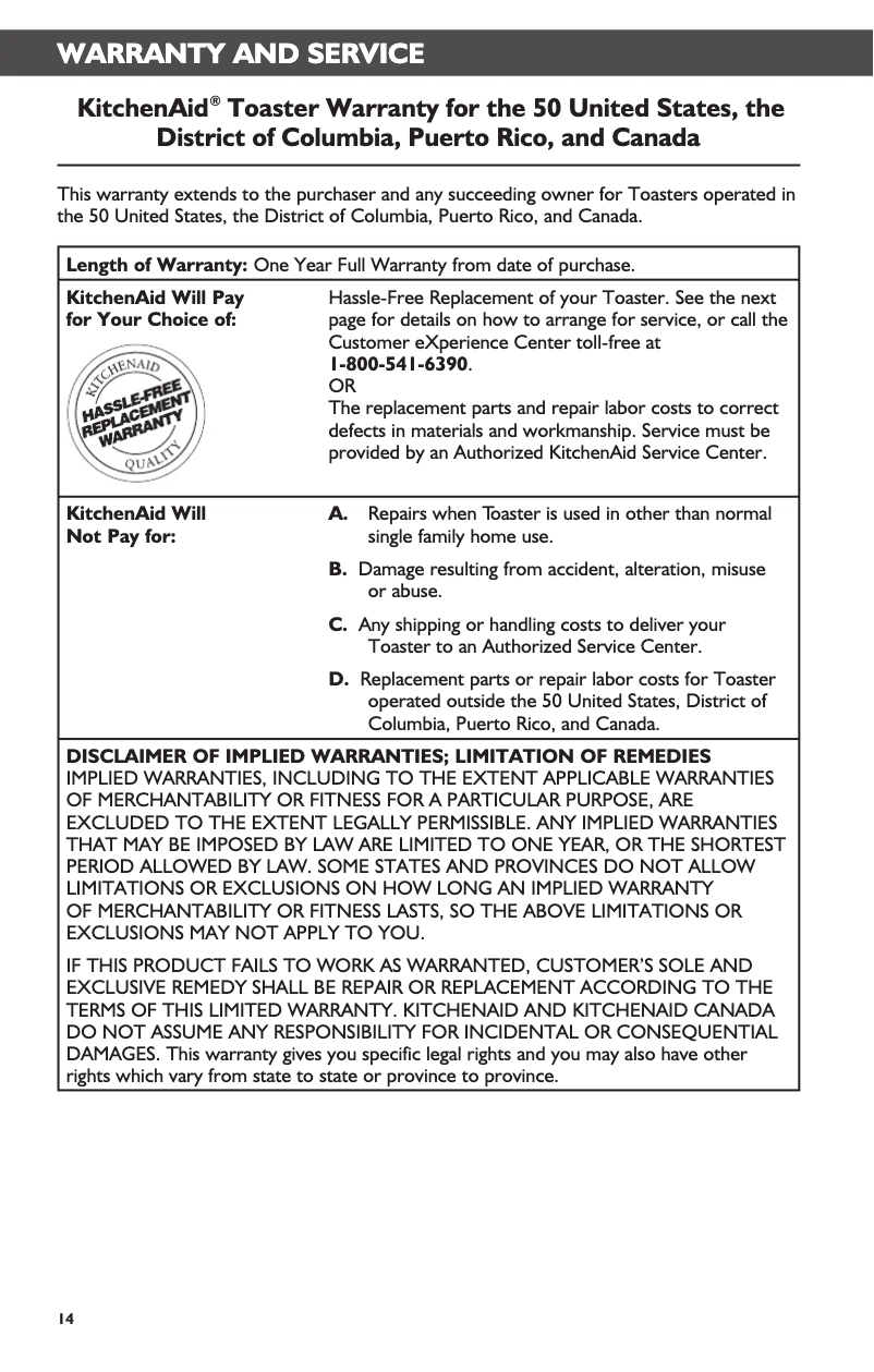 Página nº 1 - Información de garantía KitchenAid KMT2116CU