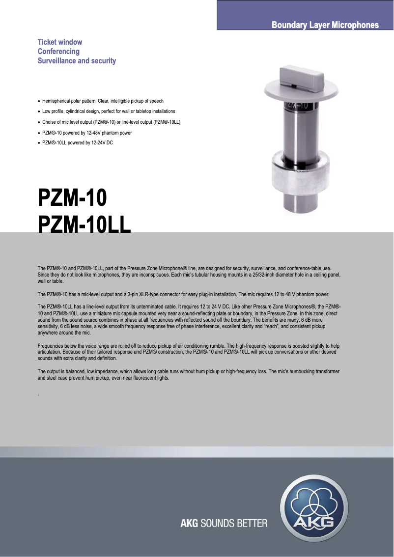 Página 1 del manual Ficha técnica AKG PZM-10