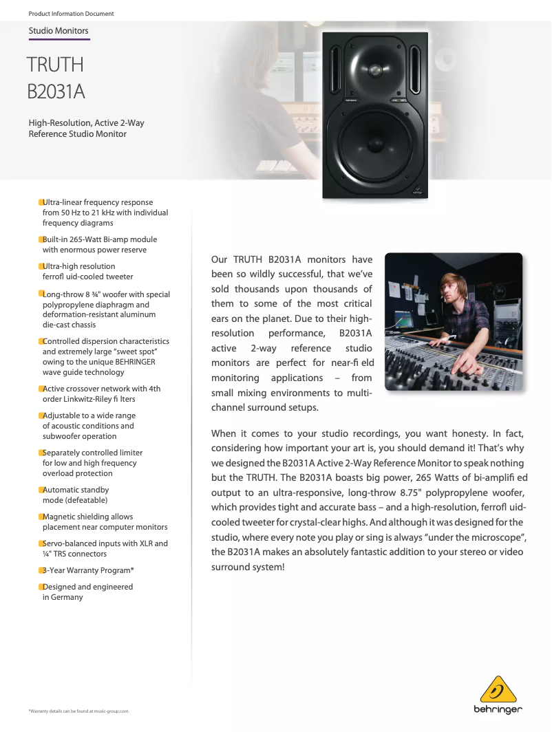 Página 1 del manual Ficha técnica Behringer TRUTH B2031A