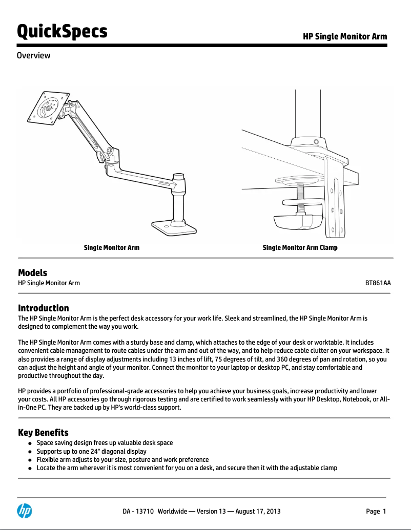 Página 1 del manual Manual de usuario HP Single Monitor Arm