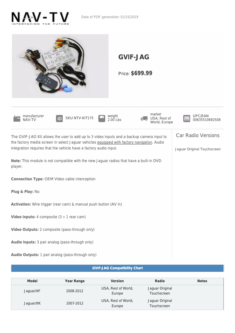 Página 1 del manual Ficha técnica NAV-TV NTV-KIT175