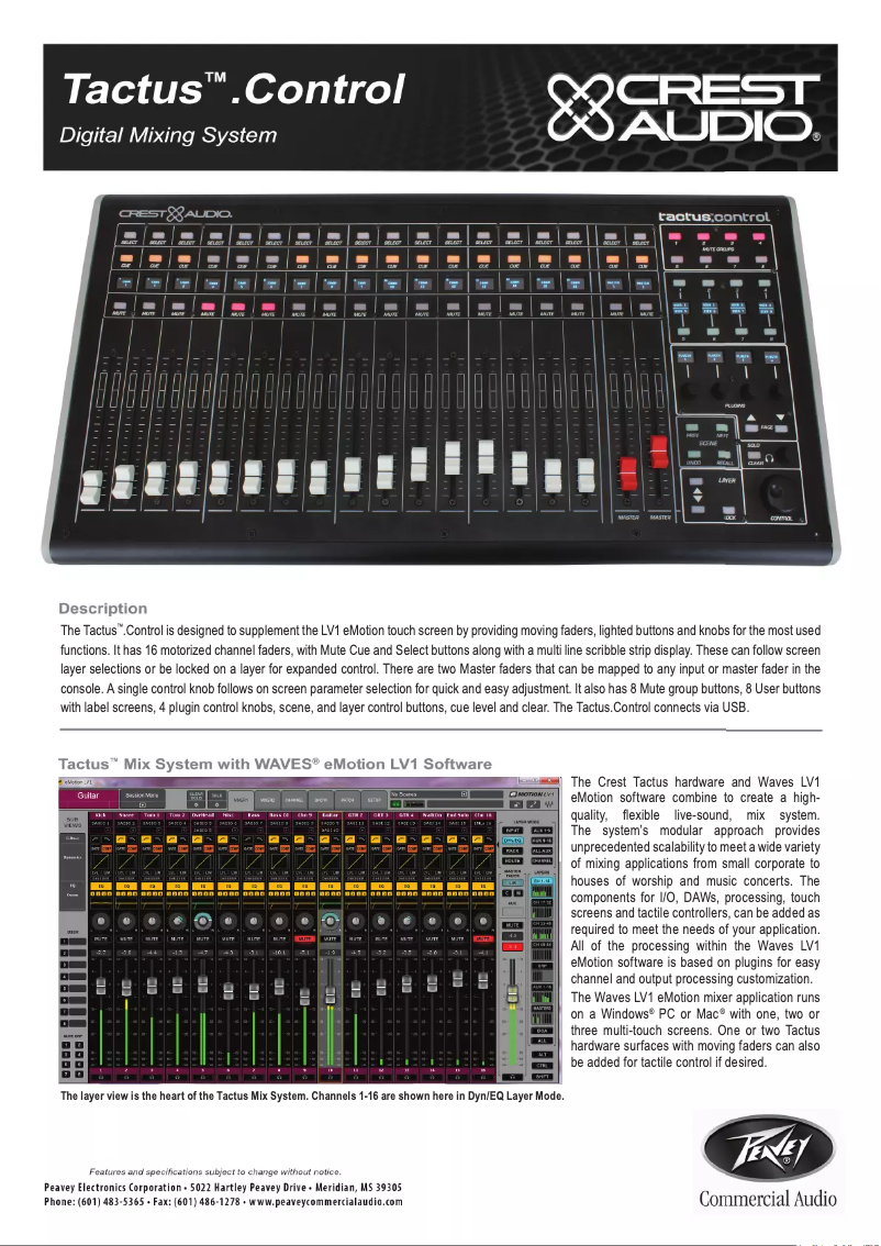 Página 1 del manual Ficha técnica Crest Audio Tactus Control Surface