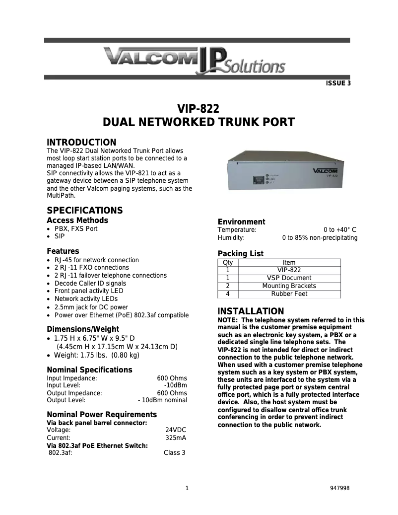 Página nº 1 - Manual de usuario Valcom VIP-822