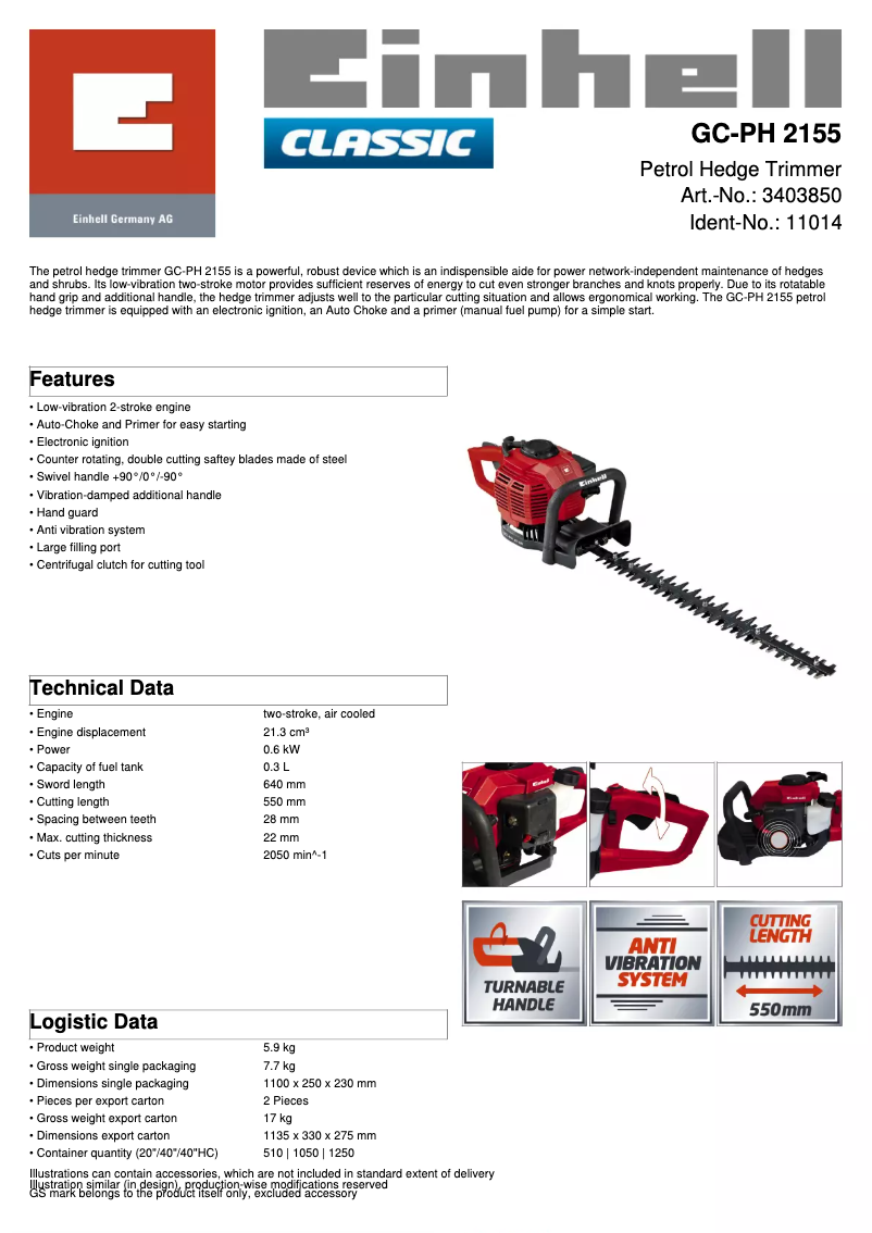 Página nº 1 - Ficha técnica Einhell GC-PH 2155