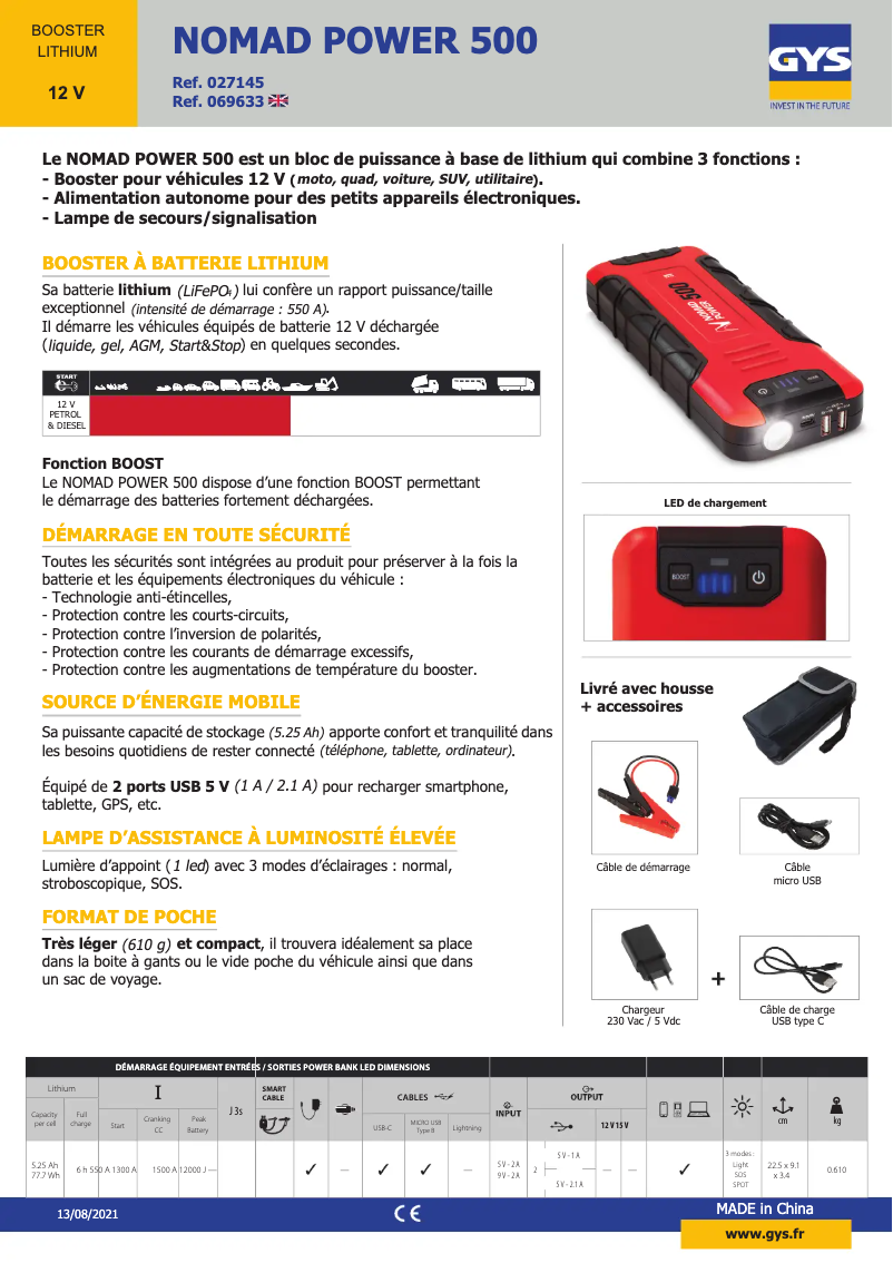 Página 1 del manual Ficha técnica GYS Nomad Power 500 - UK