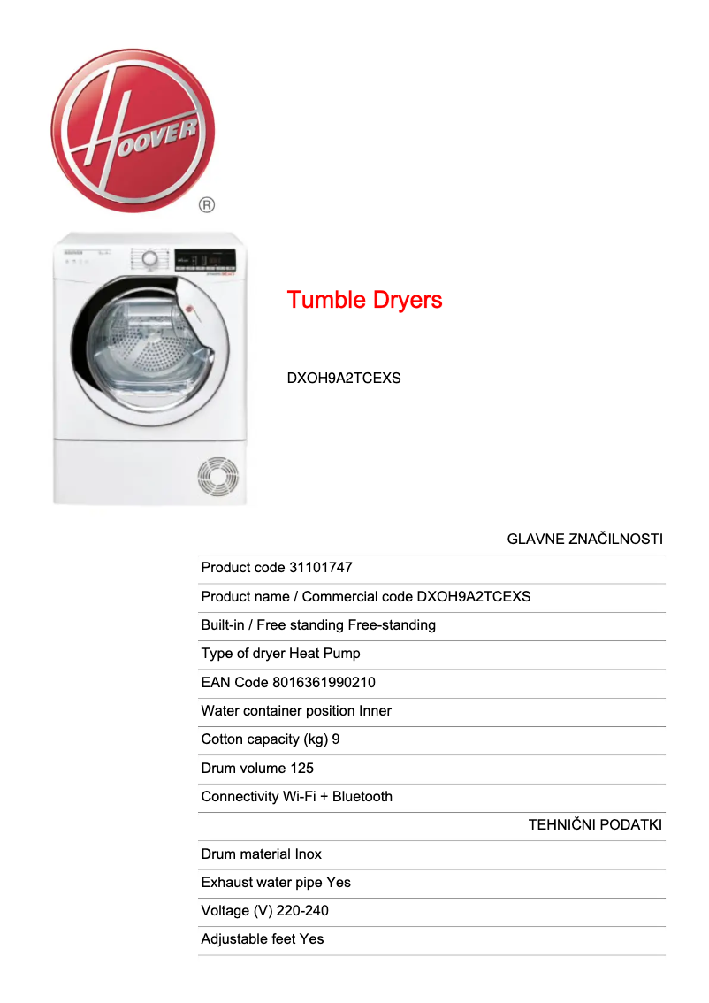Página 1 del manual Ficha técnica Hoover DXOH9A2TCEXS