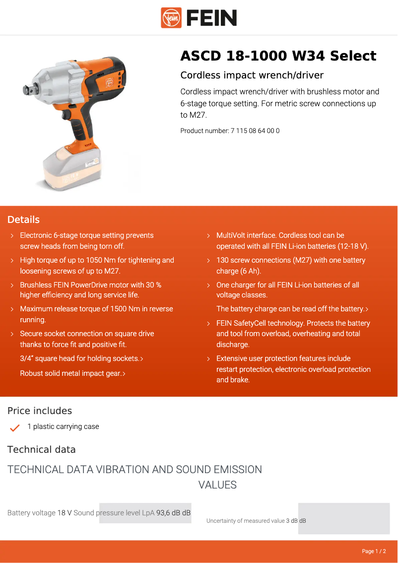 Página nº 1 - Ficha técnica Fein ASCD 18-1000 W34 Select