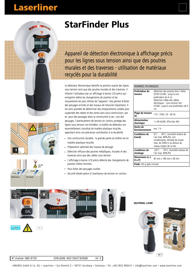 Página 1 del manual Ficha técnica Laserliner StarFinder Plus
