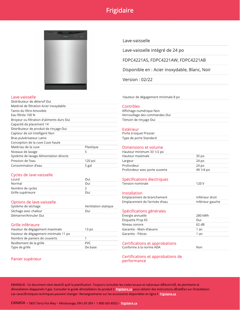 Página nº 1 - Ficha técnica Frigidaire FDPC4221AW