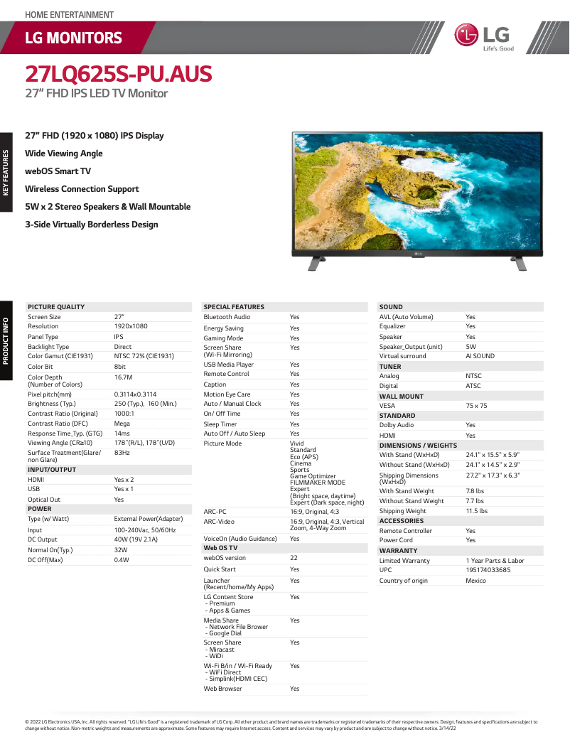 Imagen de la primera página del manual del dispositivo 27LQ625S