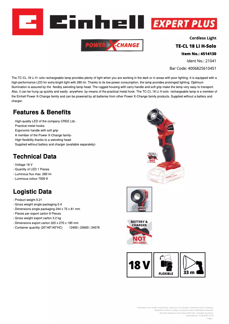 Página 1 del manual Ficha técnica Einhell TC-CL 18 Li H - Solo