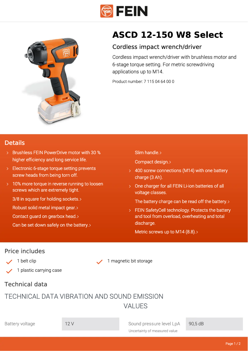 Página 1 del manual Ficha técnica Fein ASCD 12-150 W8 Select