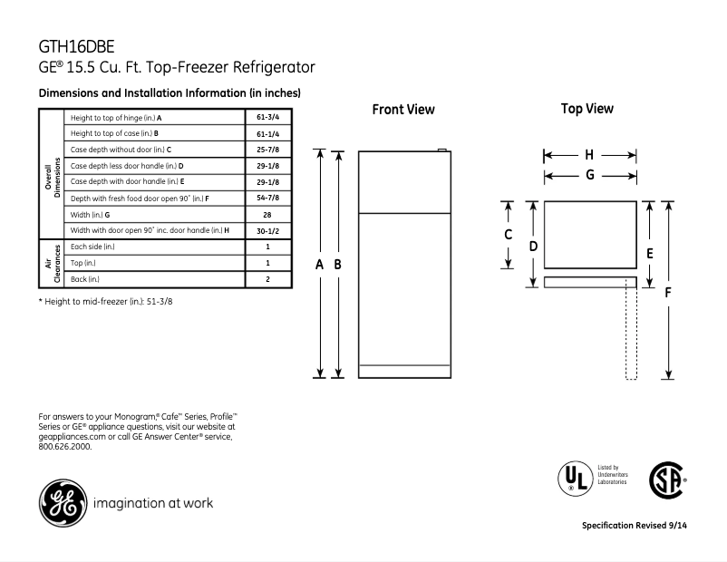 Página 1 del manual Ficha técnica GE GTH16DBERBB