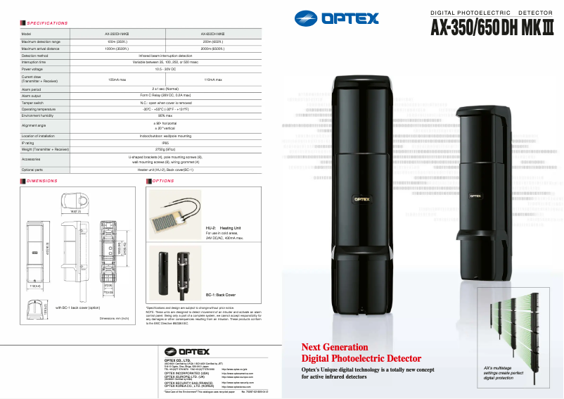 Página 1 del manual Ficha técnica Optex AX-650DH MK3