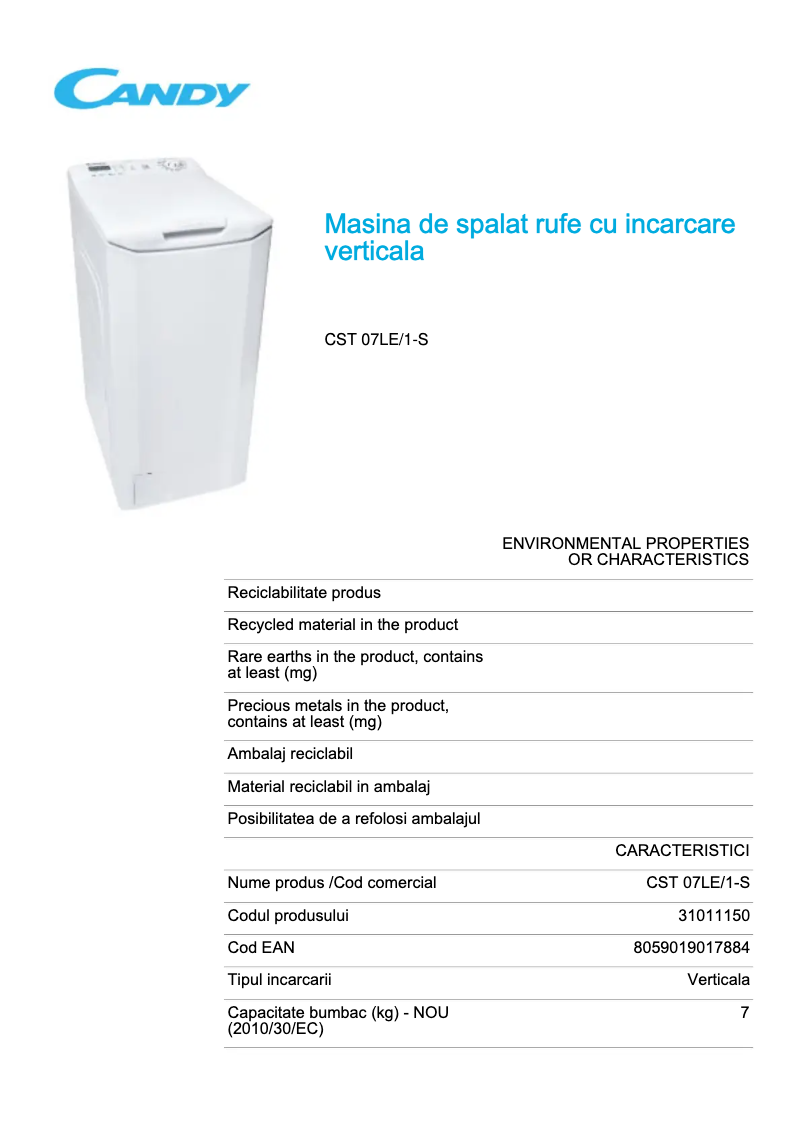 Página 1 del manual Ficha técnica Candy CST 07LE/1-S