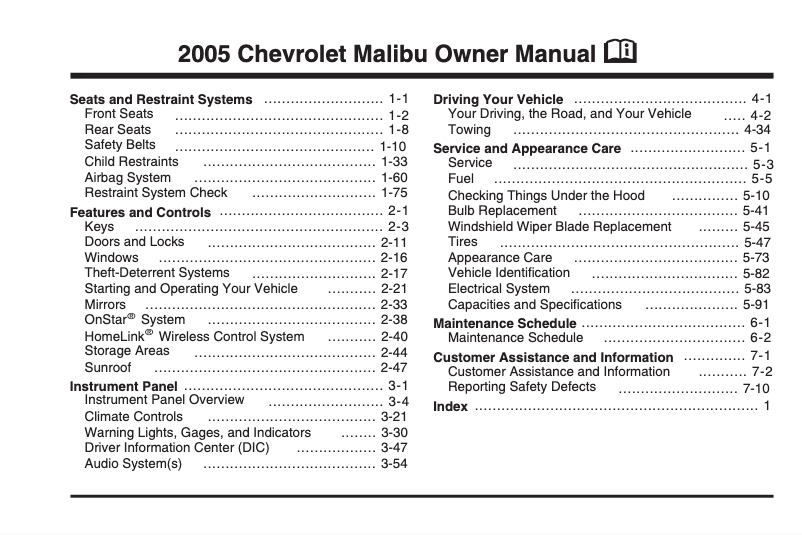 Imagen de la primera página del manual del dispositivo Malibu Classic (2005)