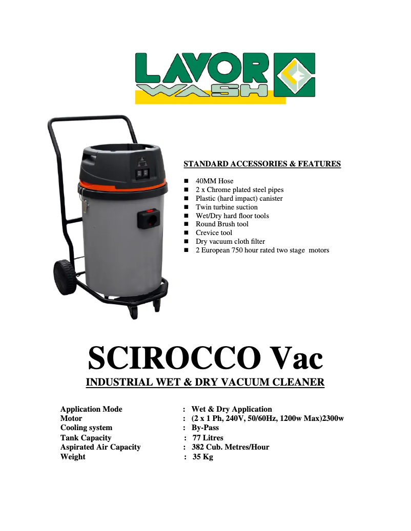 Página 1 del manual Ficha técnica Lavorwash Scirocco