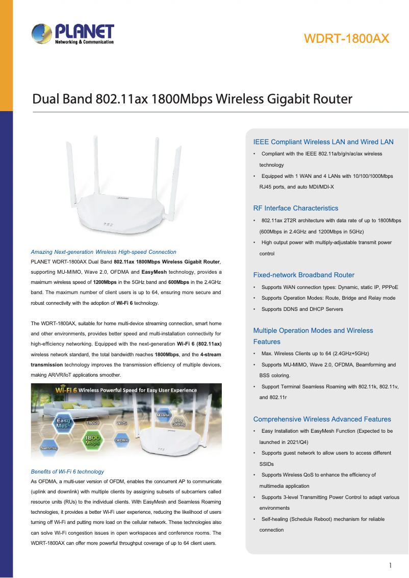 Página 1 del manual Ficha técnica Planet WDRT-1800AX