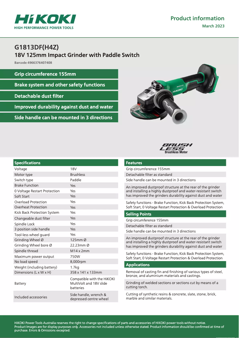 Página 1 del manual Ficha técnica HiKOKI G1813DF