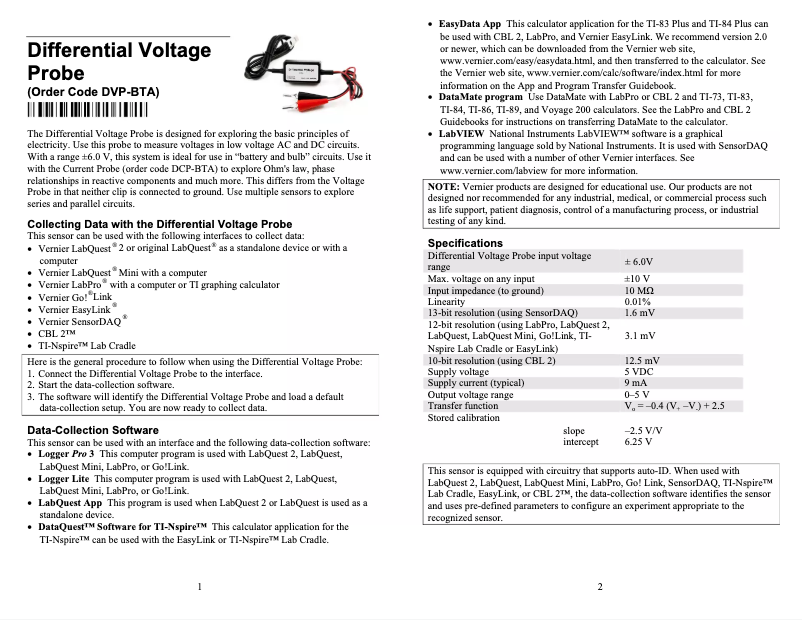 Página 1 del manual Manual de usuario Vernier Differential Voltage Probe
